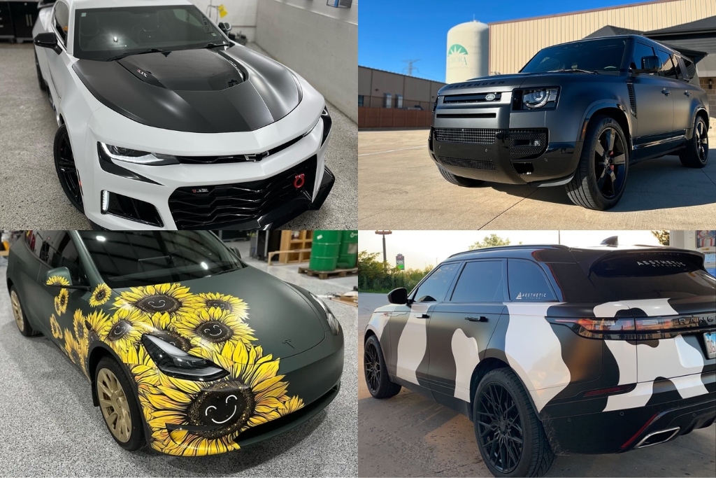 A collage of four vehicles showcasing different vinyl wrap styles: a white sports car with a matte black hood, a matte black SUV, a car wrapped in sunflower graphics, and a black SUV with a bold white and black camo wrap.