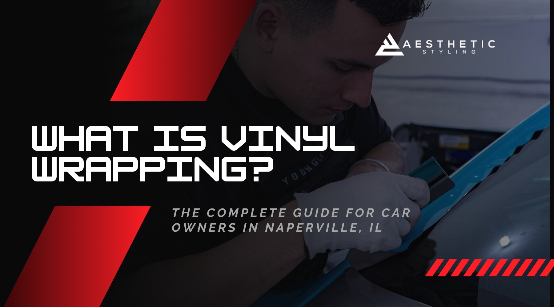 A professional installer applies a bright blue vinyl wrap to a car windshield trim in a clean workshop, with bold text reading “What Is Vinyl Wrapping?” and a subheading for car owners in Naperville, IL.