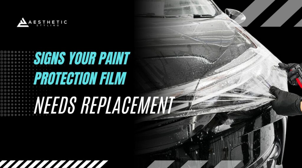 Close up of a black car hood as a technician wearing black gloves peels off clear paint protection film covered in water droplets. Bold text on the left reads Borcelle Car Dealer and Signs Your Paint Protection Film Needs Replacement. The image visually highlights the process of removing worn paint protection film to signal when replacement is necessary.